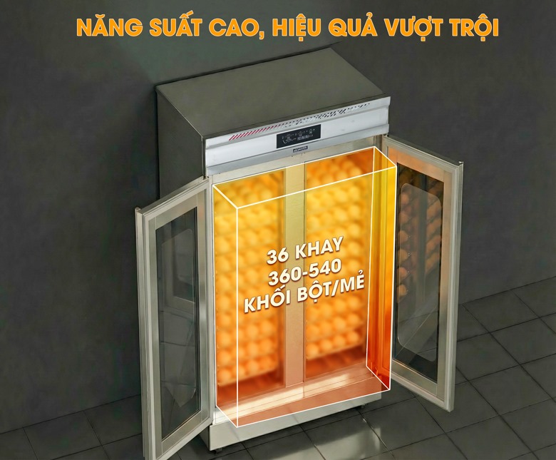 Khoang chứa 36 khay cho năng suất khoảng 360-540 khối bột/mẻ Khoang chứa 36 khay cho năng suất khoảng 360-540 khối bột/mẻ