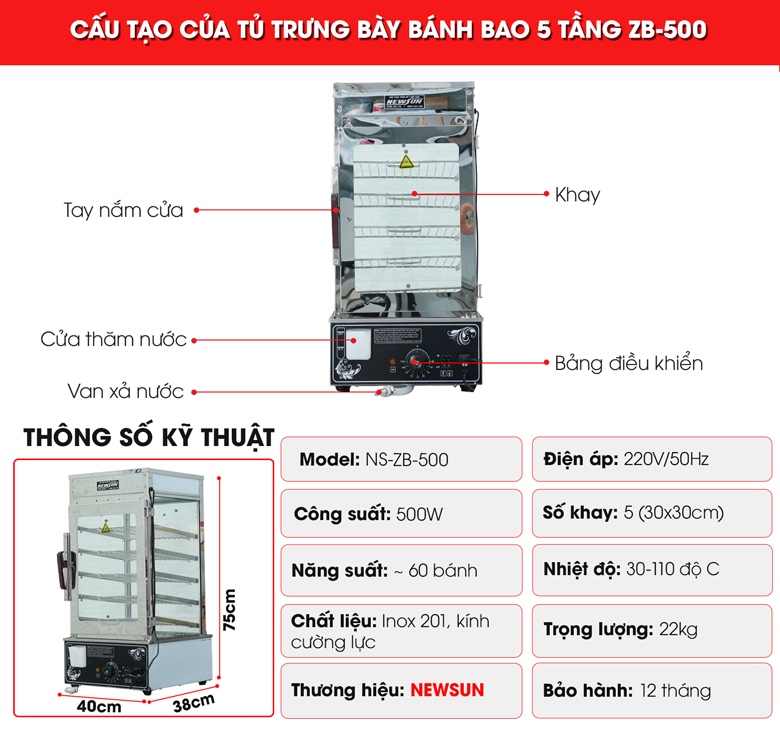 Cấu tạo tủ trưng bày bánh bao 5 tầng ZB-500