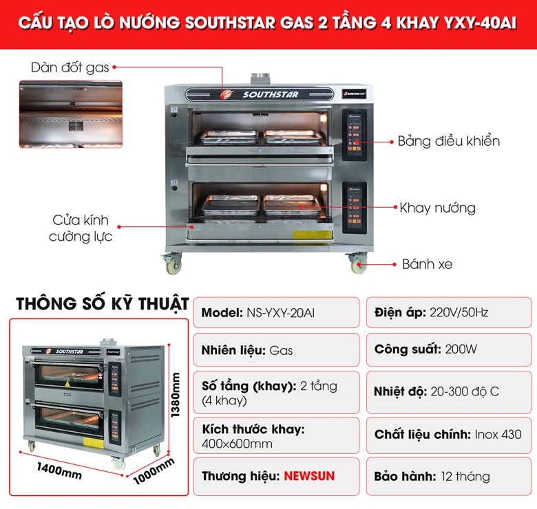 Cấu tạo lò nướng bánh Southstar gas 2 tầng 4 khay YXY-40AI