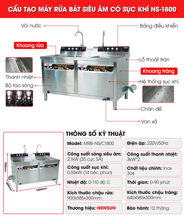 Cấu tạo máy rửa bát siêu âm có sục khí 1m8 NS-1800 Cấu tạo máy rửa bát siêu âm có sục khí 1m8 NS-1800