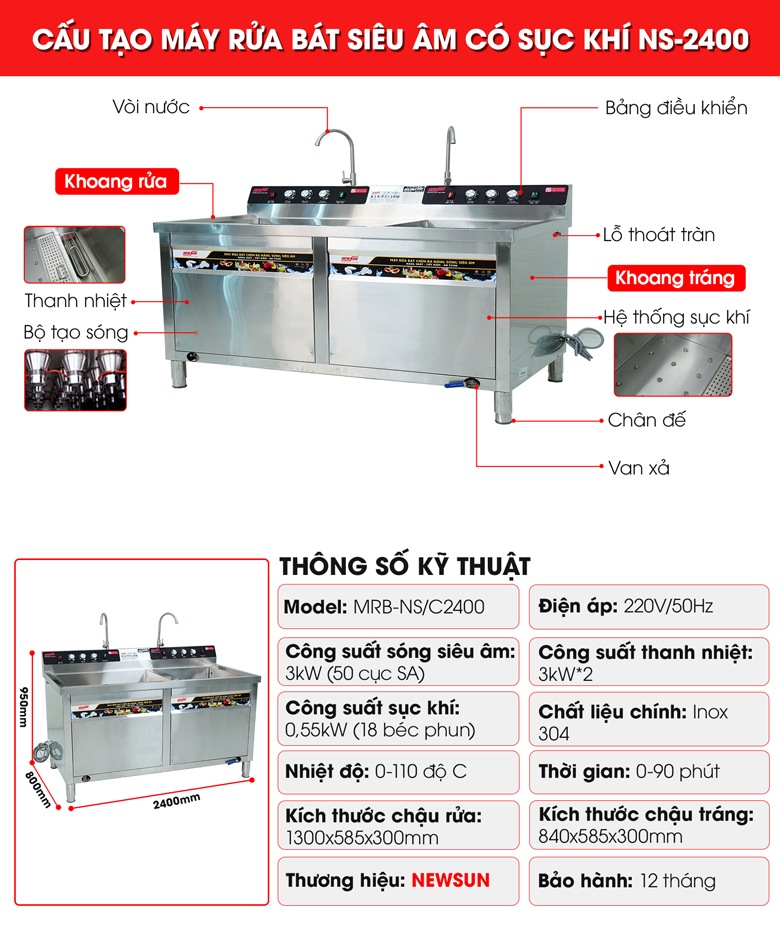 Cấu tạo máy rửa bát siêu âm có sục khí 2m4 NS-2400 Cấu tạo máy rửa bát siêu âm có sục khí 2m4 NS-2400