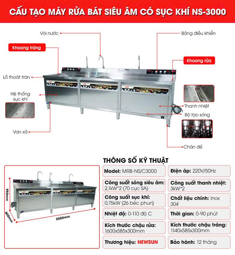 Cấu tạo máy rửa bát siêu âm có sục khí 3m NS-3000