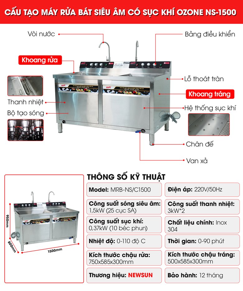 Cấu tạo máy rửa bát siêu âm chậu đôi 1m5 có sục khí ozone NS-1500