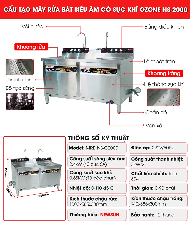 Cấu tạo máy rửa bát siêu âm chậu đôi 2m có sục khí ozone NS-2000 NEWSUN