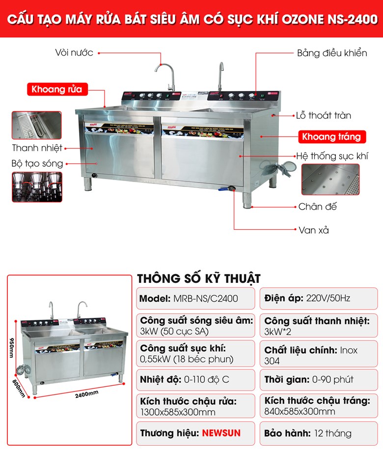 Cấu tạo máy rửa bát siêu âm chậu đôi 2m4 có sục khí ozone NS-2400
