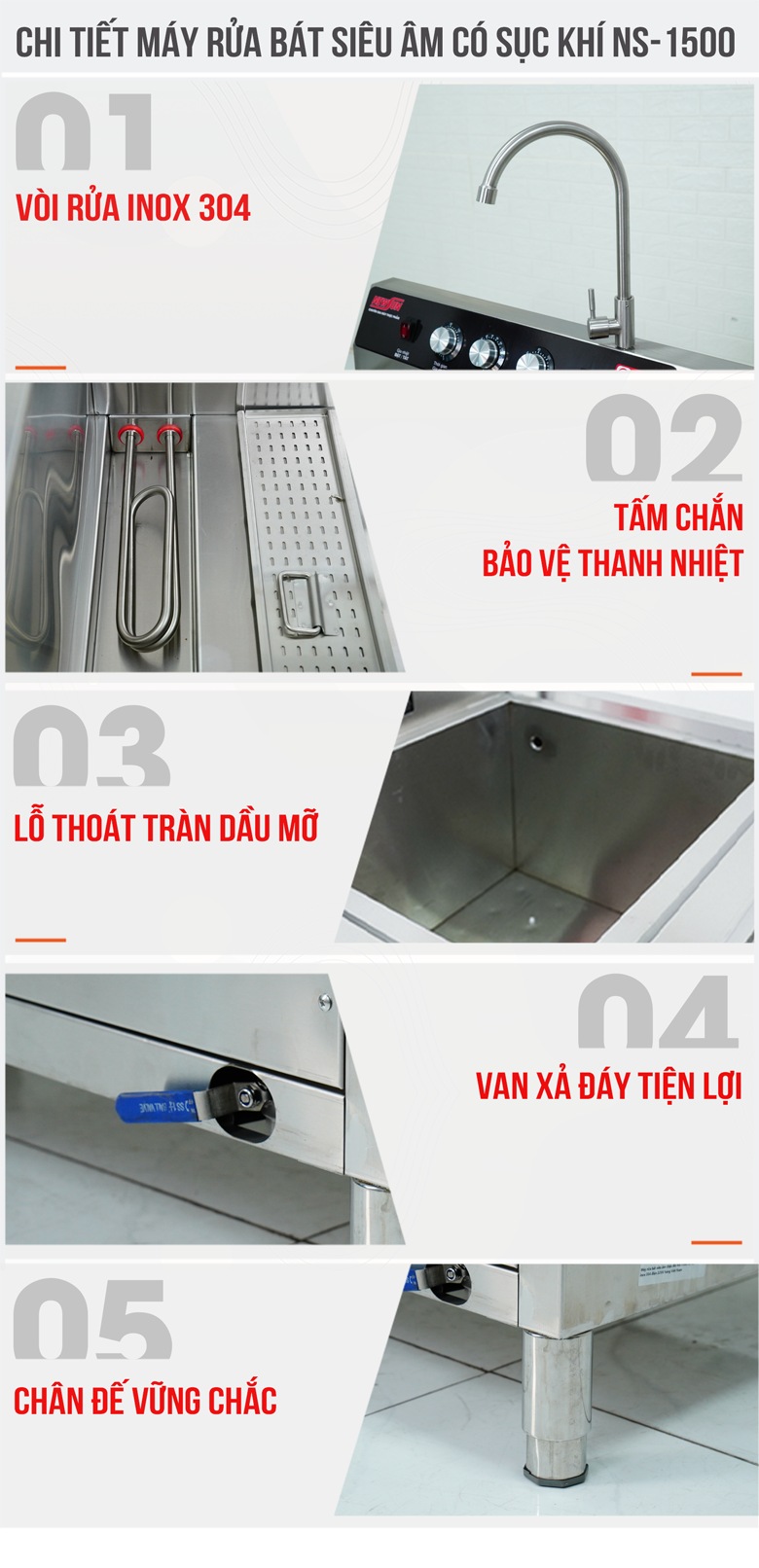 Chi tiết máy rửa bát siêu âm 1m5 có sục khí NS-1500