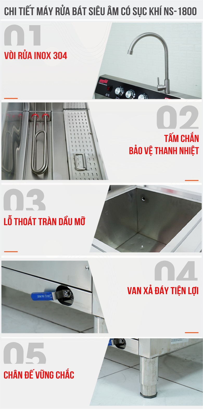 Chi tiết máy rửa bát siêu âm 1m8 có sục khí NS-1800 Chi tiết máy rửa bát siêu âm 1m8 có sục khí NS-1800