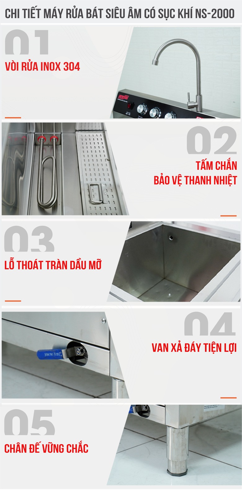 Chi tiết máy rửa bát siêu âm 2m có sục khí NS-2000 Chi tiết máy rửa bát siêu âm 2m có sục khí NS-2000