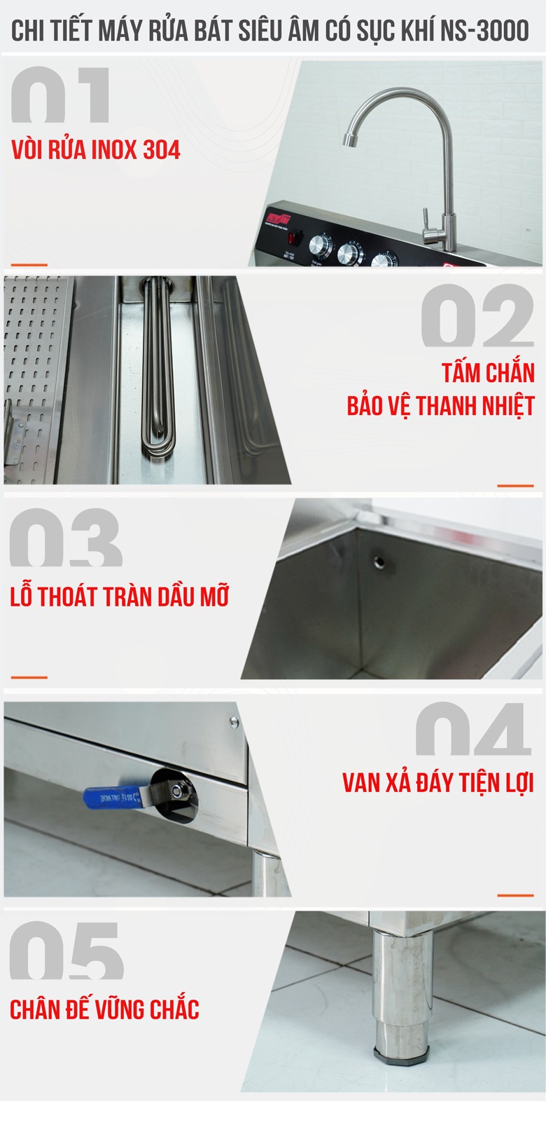 Chi tiết máy rửa bát siêu âm 3m có sục khí NS-3000