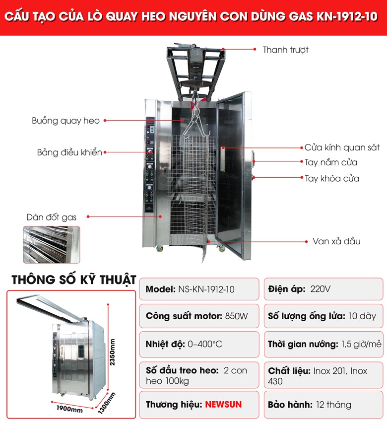 Cấu tạo lò quay heo nguyên con dùng gas KN-1912-10