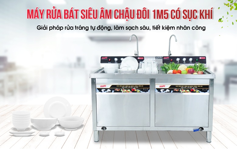 Máy rửa bát siêu âm chậu đôi 1m5 có sục khí NS-1500 NEWSUN