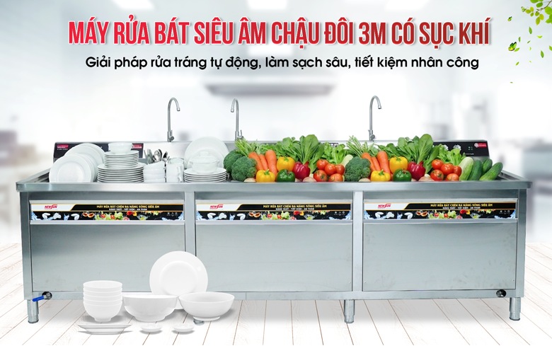 Máy rửa bát siêu âm chậu đôi 3m có sục khí NS-3000 NEWSUN