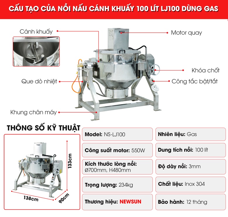 Cấu tạo của nồi nấu cánh khuấy 100 lít LJ100 dùng gas