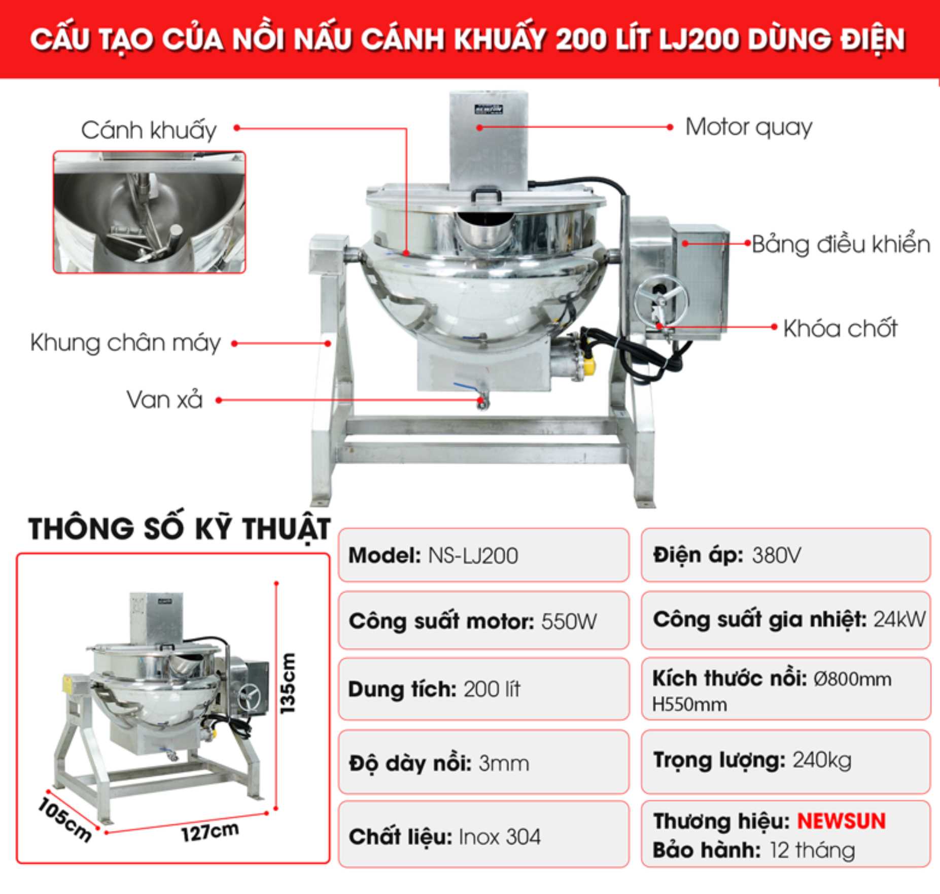 Cấu tạo nồi nấu cánh khuấy 200 lít LJ200 dùng điện