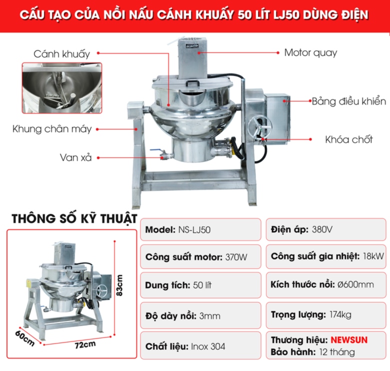 Cấu tạo nồi nấu cánh khuấy 50 lít LJ50