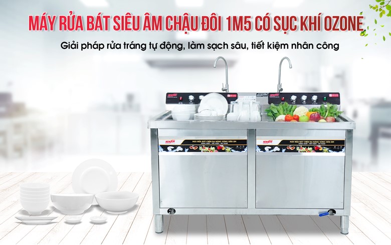 Máy rửa bát siêu âm chậu đôi 1m5 có sục khí ozone NS-1500
