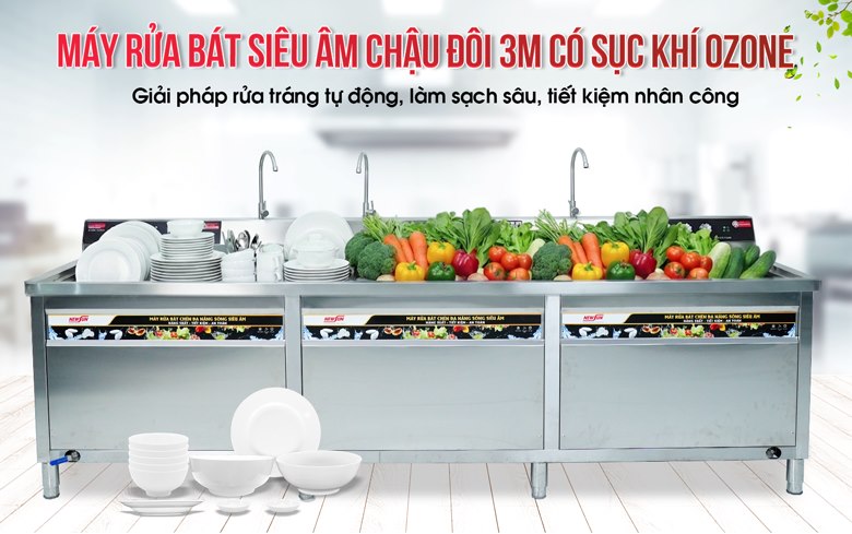 Máy rửa bát siêu âm chậu đôi 3m có sục khí ozone NS-3000