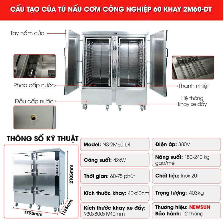 Cấu tạo tủ nấu cơm công nghiệp 60 khay 2M60-DT cao cấp