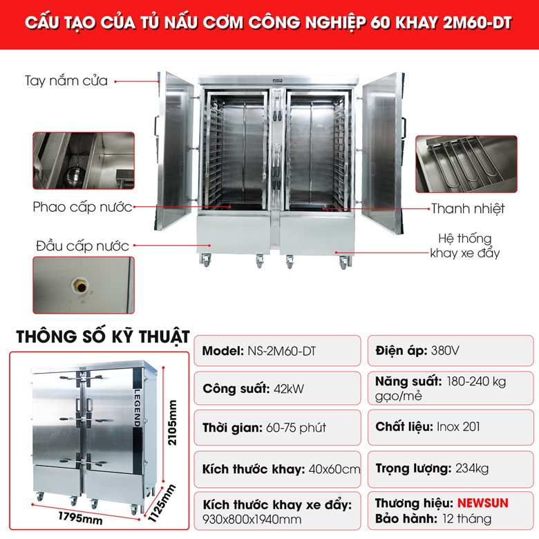 Cấu tạo tủ nấu cơm công nghiệp 60 khay 2M60-DT cao cấp