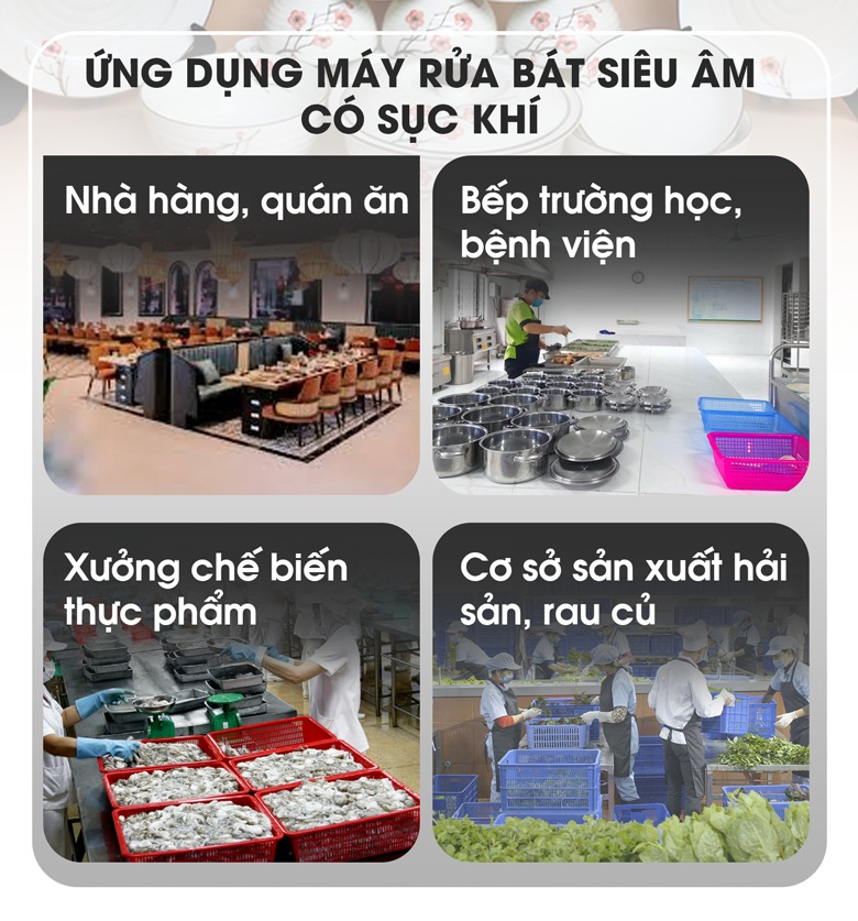 Máy rửa bát siêu âm có sục khí được sử dụng rộng rãi trong các bếp ăn, cơ sở chế biến thực phẩm