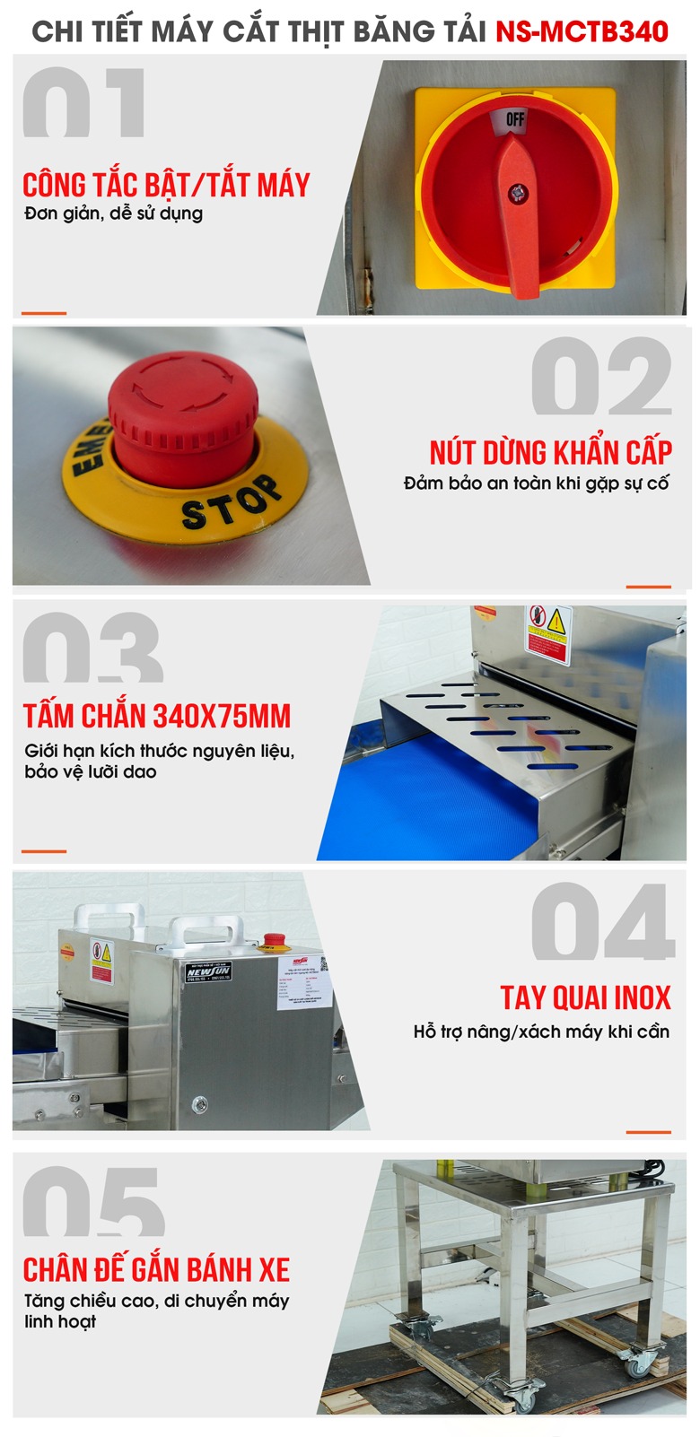 Các chi tiết của máy cắt thịt băng tải NS-MCTB340 Các chi tiết của máy cắt thịt băng tải NS-MCTB340