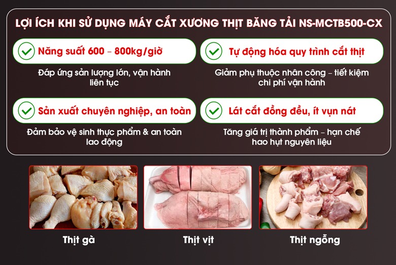 Lợi ích khi đầu tư máy cắt xương thịt băng tải NS-MCTB500-CX Lợi ích khi đầu tư máy cắt xương thịt băng tải NS-MCTB500-CX