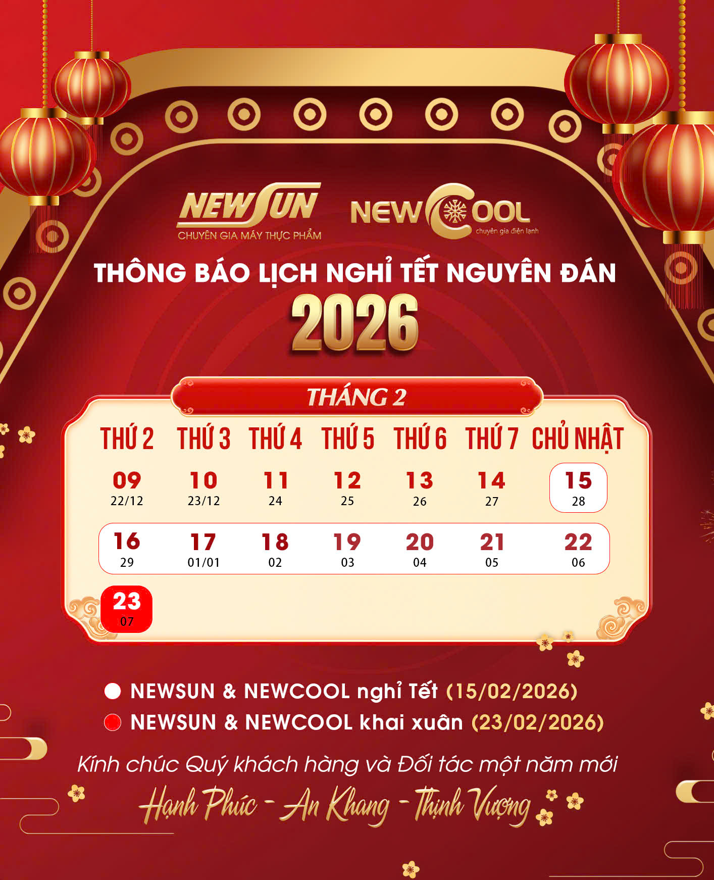 Điện máy NEWSUN thông báo nghỉ Tết Nguyên đán Bính Ngọ 2026