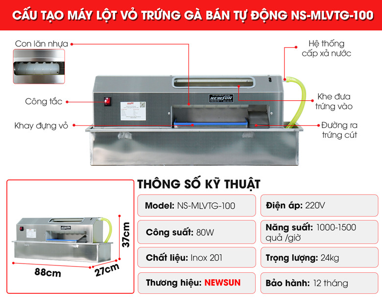 Cấu tạo máy lột vỏ trứng gà bán tự động NS-MLVTG-100