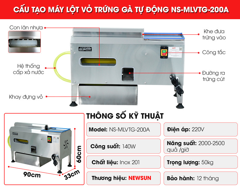 Cấu tạo máy lột vỏ trứng gà tự động NS-MLVTG-200A