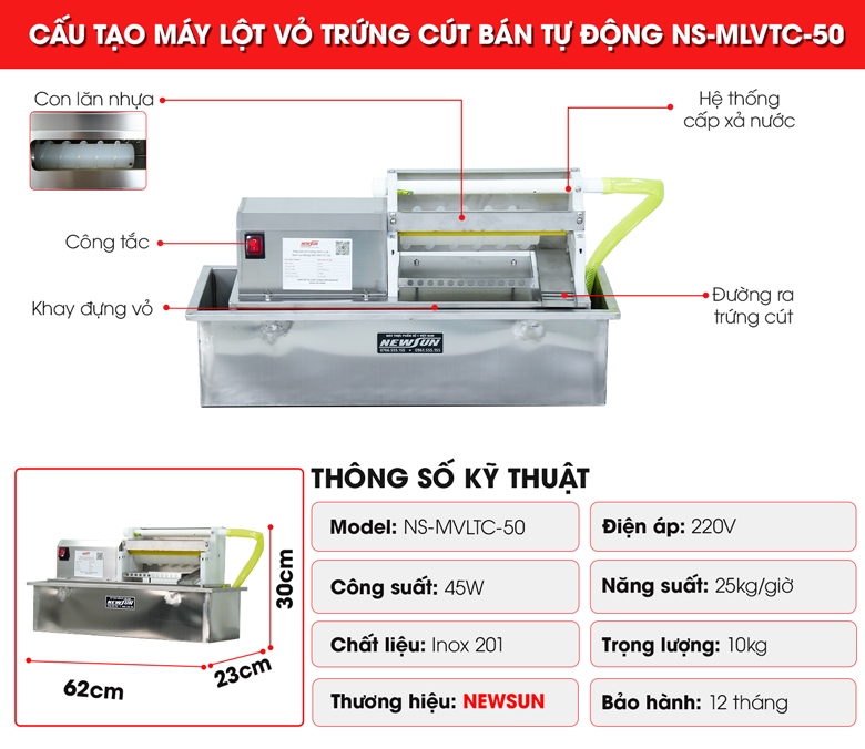 Cấu tạo máy lột vỏ trứng cút bán tự động MLVTC-50