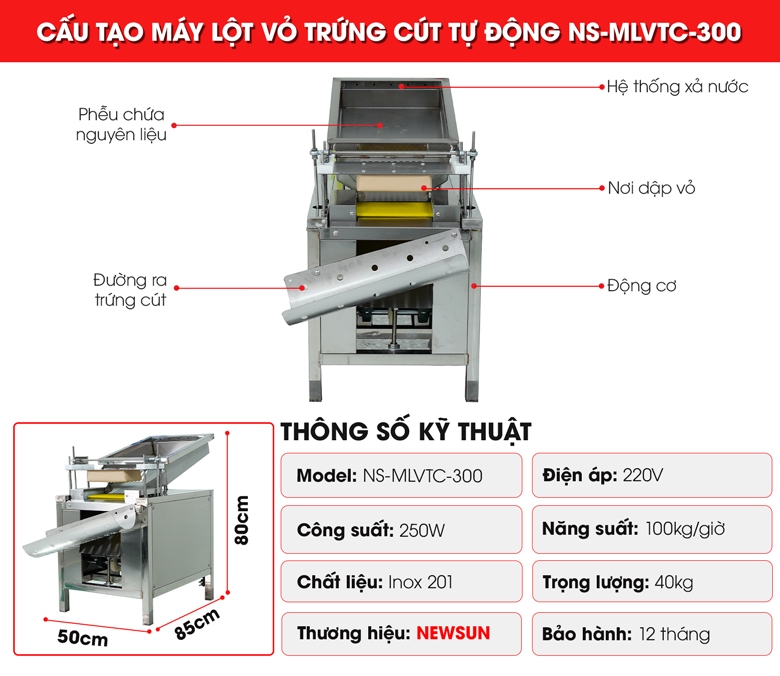 Cấu tạo máy lột vỏ trứng cút tự động MLVTC-300