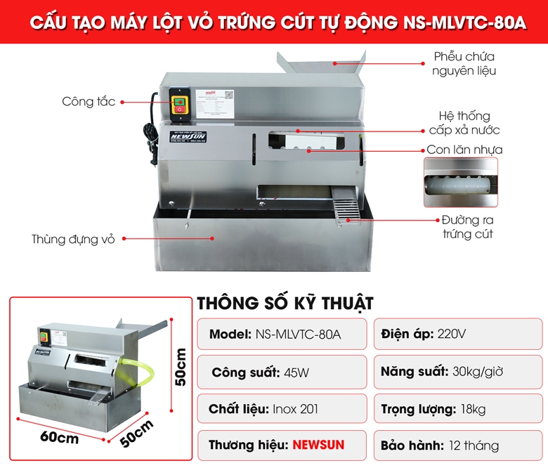 Cấu tạo máy lột vỏ trứng cút tự động MLVTC-80A
