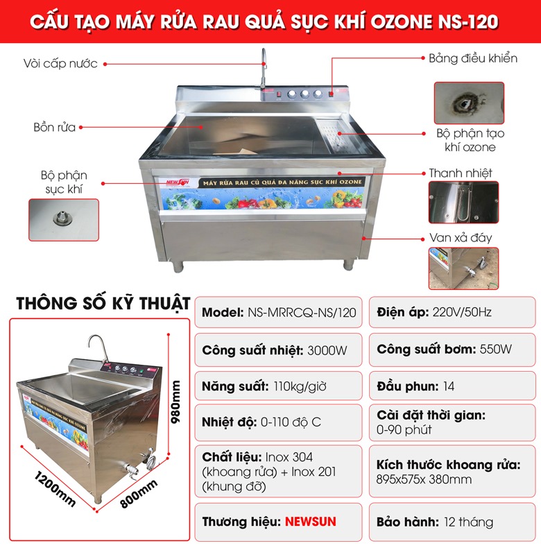 Cấu tạo máy rửa rau củ quả sục khí ozone NS-120