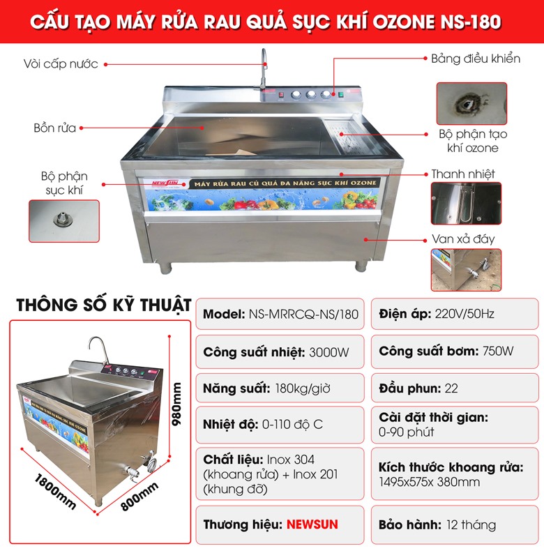 Cấu tạo máy rửa rau củ quả sục khí ozone NS-180