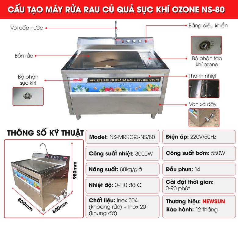 Cấu tạo máy rửa rau củ quả sục khí ozone NS-80
