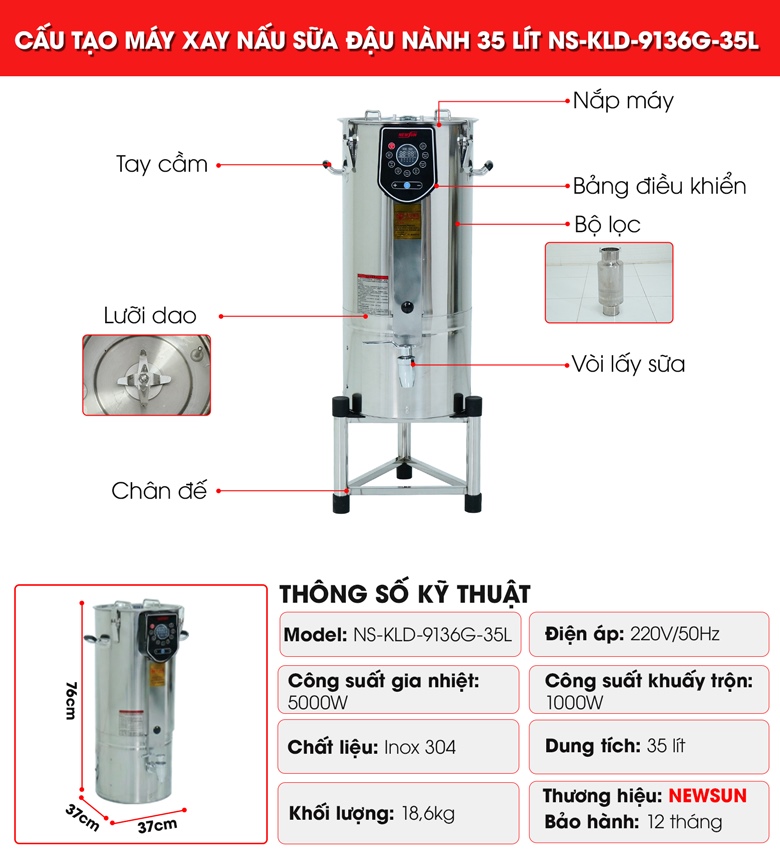 Cấu tạo máy xay nấu sữa đậu nành 35 lít NS-KLD-9136G-35L