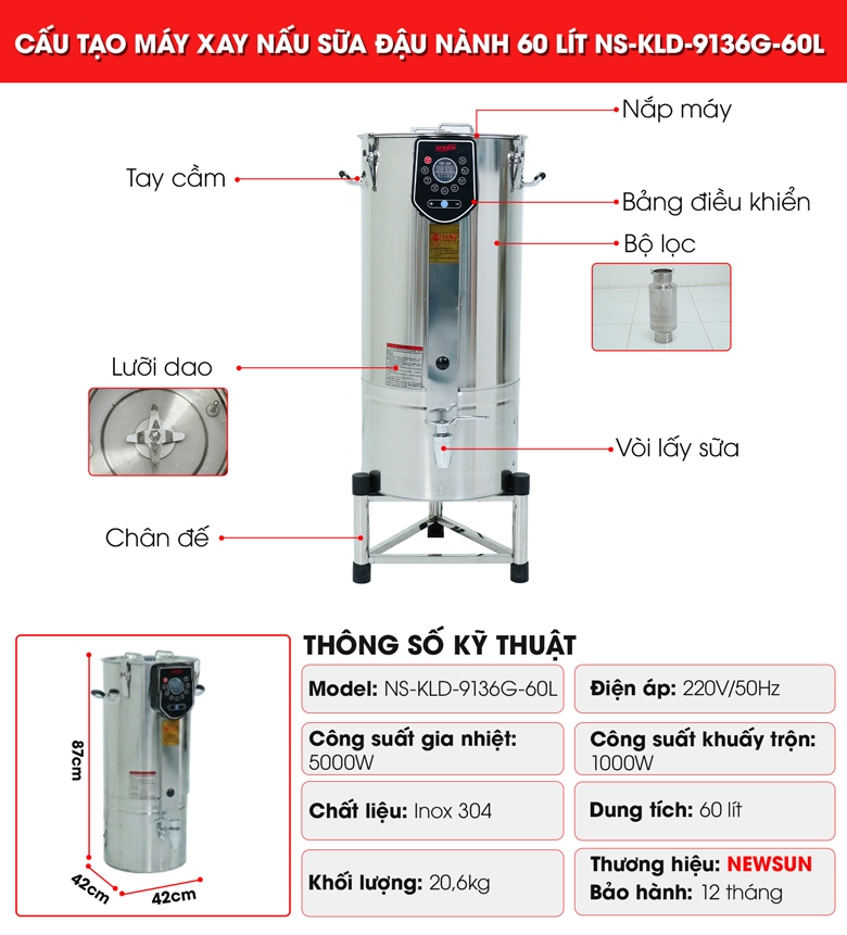 Cấu tạo máy xay nấu sữa đậu nành 60 lít NS-KLD-9136G-60L 