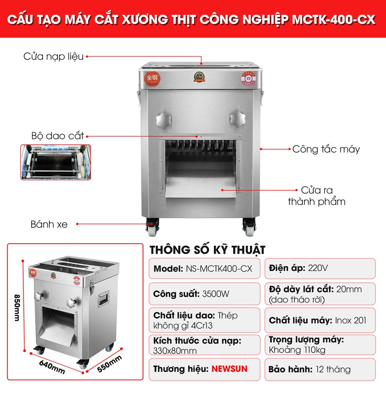 Cấu tạo máy cắt xương thịt công nghiệp NS-MCTK400-CX 