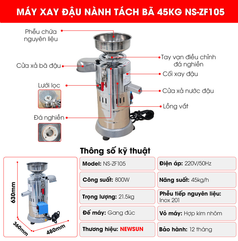 Cấu tạo chi tiết máy xay đậu nành tách bã 45kg NS-ZF105