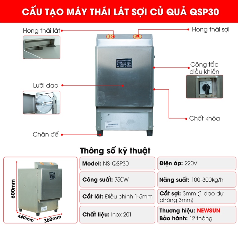 Cấu tạo máy thái lát sợi rau củ quả QSP30