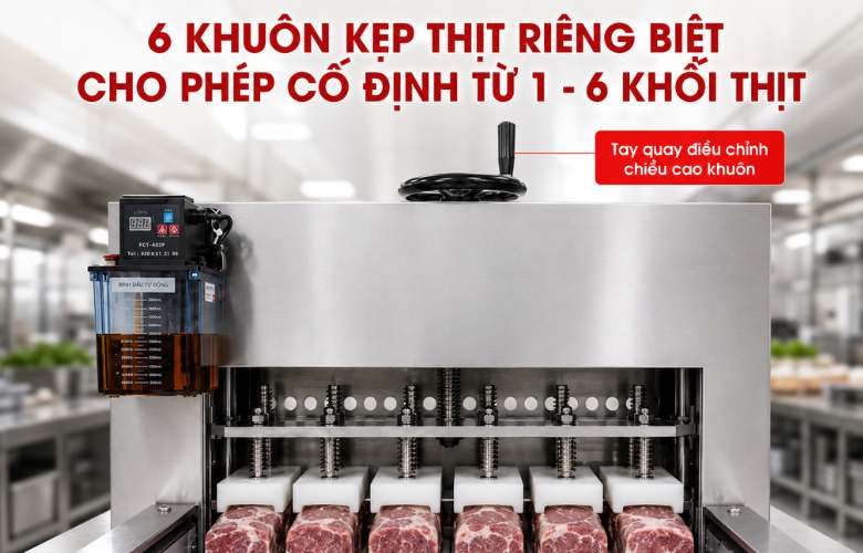 Thiết kế 6 đầu ép giúp cố định và thái nhiều khối thịt