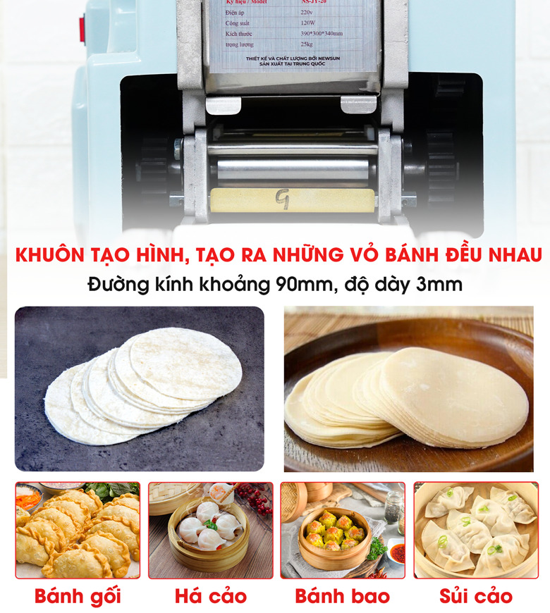 Máy làm vỏ bánh sủi cảo NS-JY-20 sử dụng khuôn tròn, giúp tạo vỏ bánh đồng đều về kích thước, độ dày