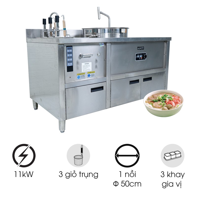 Bếp trụng mì phở tự động nâng hạ 3 giỏ kèm nồi nước dùng và khay gia vị NS-DB-3-503