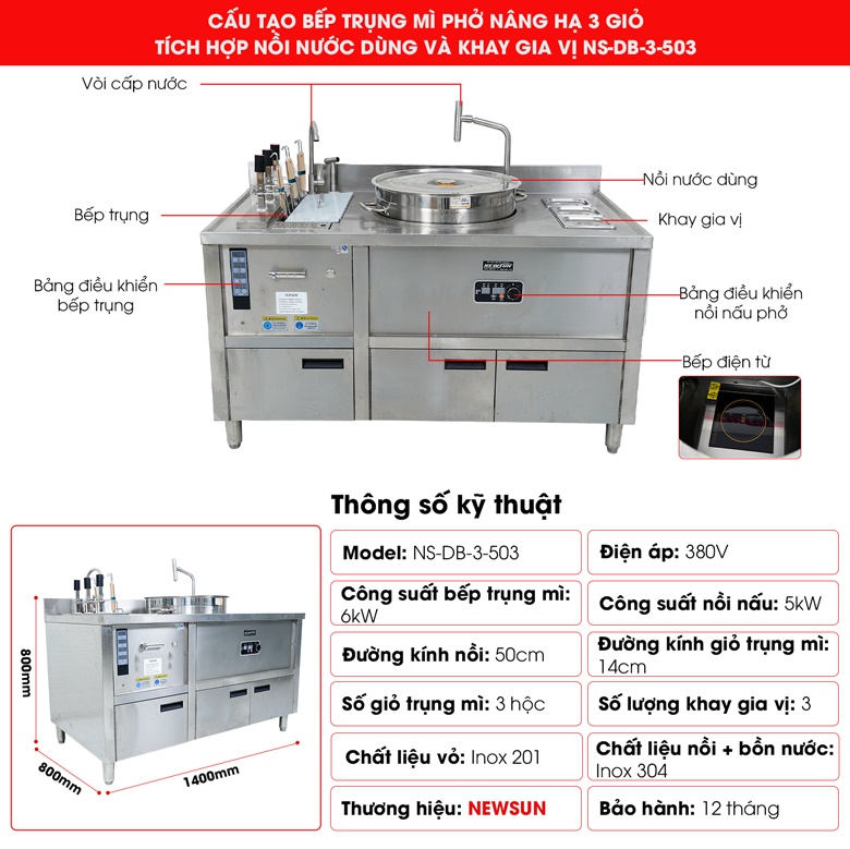 Cấu tạo bếp trụng mì phở tự động nâng hạ 3 giỏ kèm nồi nước dùng và khay gia vị NS-DB-3-503