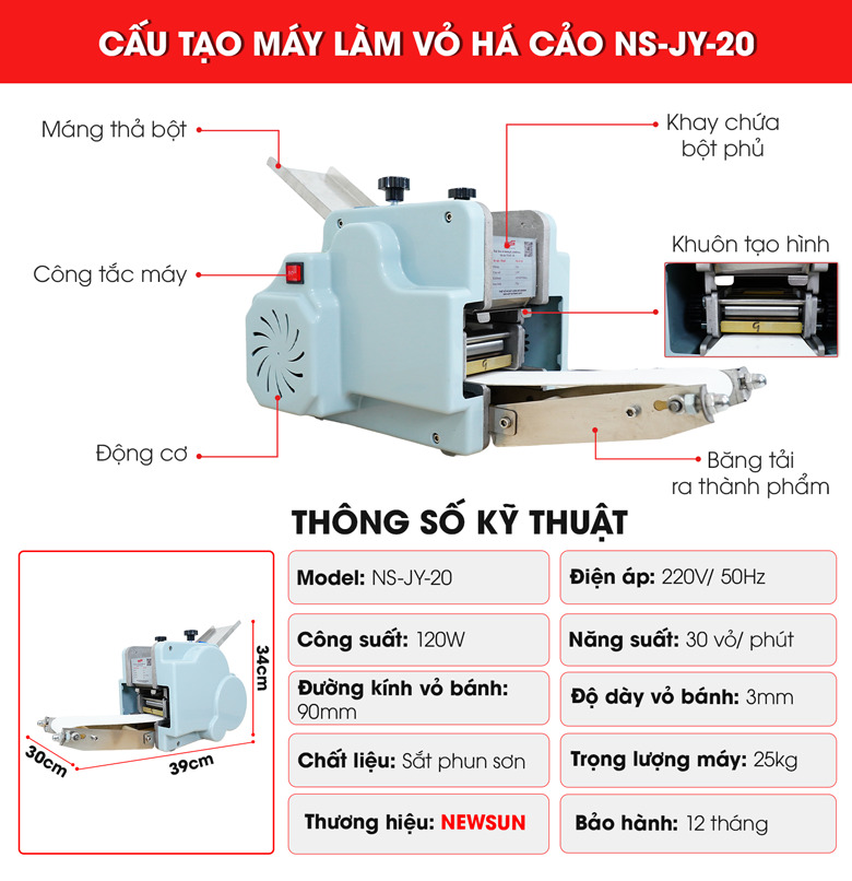 Cấu tạo chi tiết của máy làm vỏ há cảo JY-20
