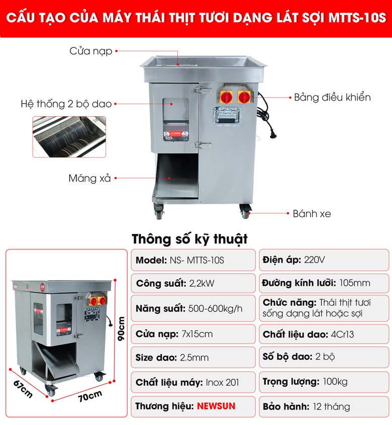 Cấu tạo của máy thái thịt tươi sống dạng lát sợi MTTS-10S