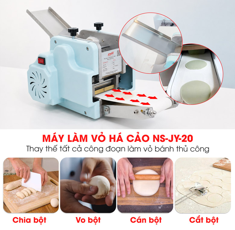 Máy làm vỏ há cảo JY-20 giúp tạo ra những chiếc vỏ bánh mỏng mịn, tròn trịa và đẹp mắt