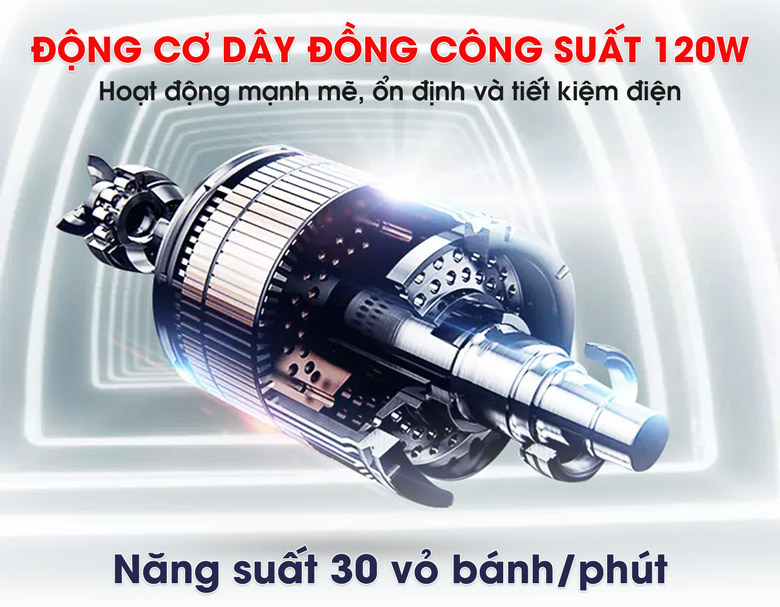Động cơ công suất 120W vận hành ổn định, đáp ứng năng suất cao