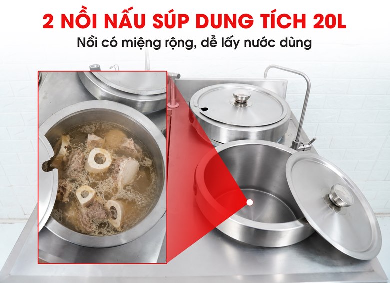 Hai nồi soup riêng biệt, mỗi nồi có dung tích 20 lít