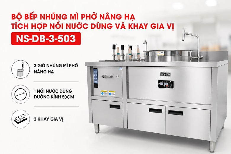 Bếp trụng mì phở tự động nâng hạ 3 giỏ kèm nồi nước dùng và khay gia vị NS-DB-3-503